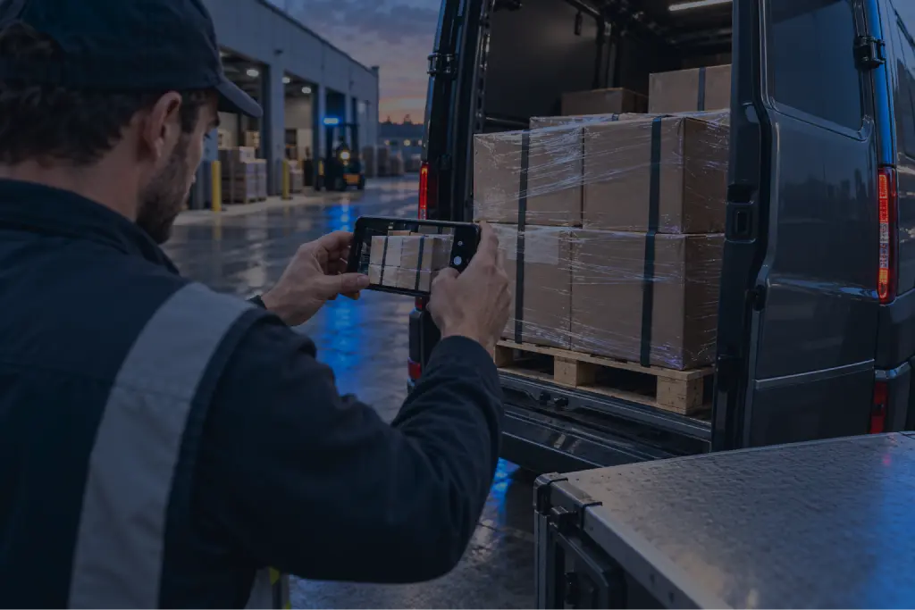 An OVN driver photographs the freight in his van with his phone